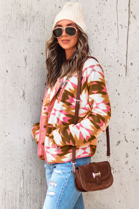 Western Aztec Buttoned Zipper Pockets Fleece Jacket